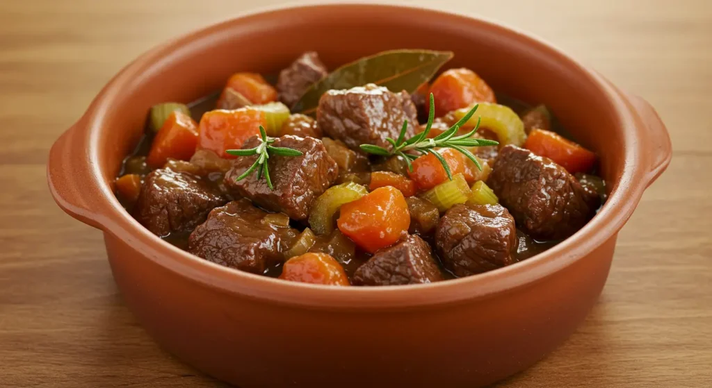 Fotografia ad alta risoluzione dall'alto verso il basso di una rustica ciotola di ceramica piena di spezzatino di manzo, ricco e tenero, con pezzi di manzo, carote, sedano ed erbe aromatiche visibili in una densa salsa marrone, posta su un tavolo di legno con una soffusa luce naturale.