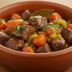 Fotografia ad alta risoluzione dall'alto verso il basso di una rustica ciotola di ceramica piena di spezzatino di manzo, ricco e tenero, con pezzi di manzo, carote, sedano ed erbe aromatiche visibili in una densa salsa marrone, posta su un tavolo di legno con una soffusa luce naturale.