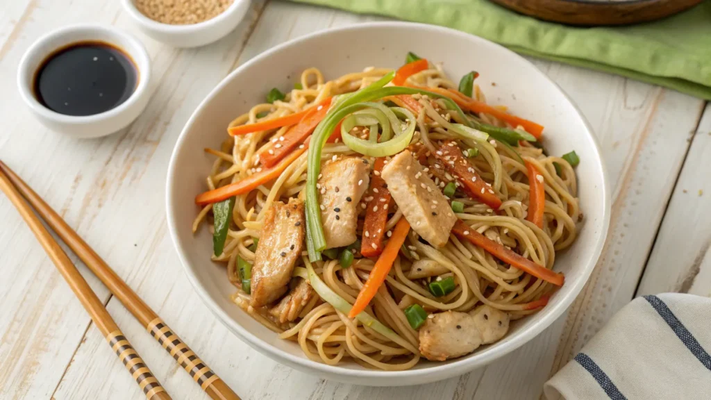 Vista dall’alto di una ciotola di noodles con pollo, verdure fresche e semi di sesamo, servita su un tavolo in legno chiaro con bacchette accanto.