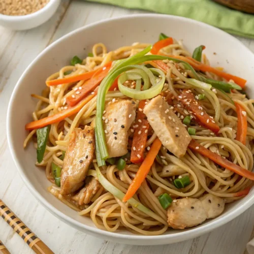Vista dall’alto di una ciotola di noodles con pollo, verdure fresche e semi di sesamo, servita su un tavolo in legno chiaro con bacchette accanto.