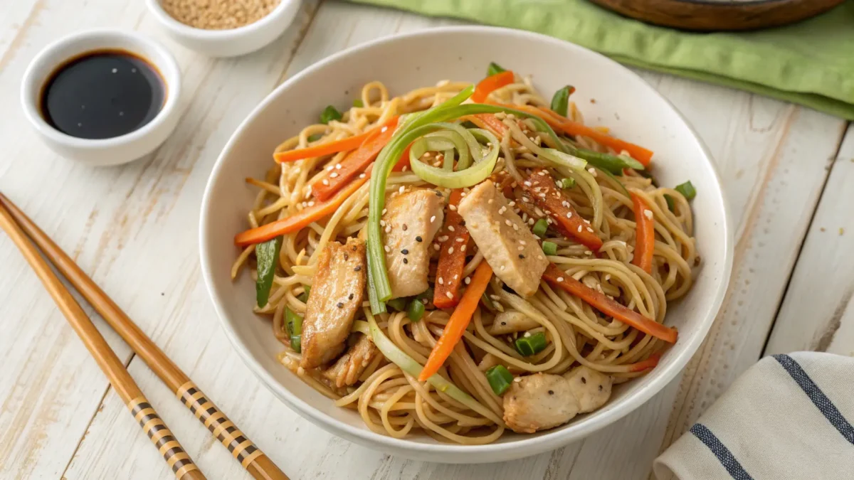 Vista dall’alto di una ciotola di noodles con pollo, verdure fresche e semi di sesamo, servita su un tavolo in legno chiaro con bacchette accanto.