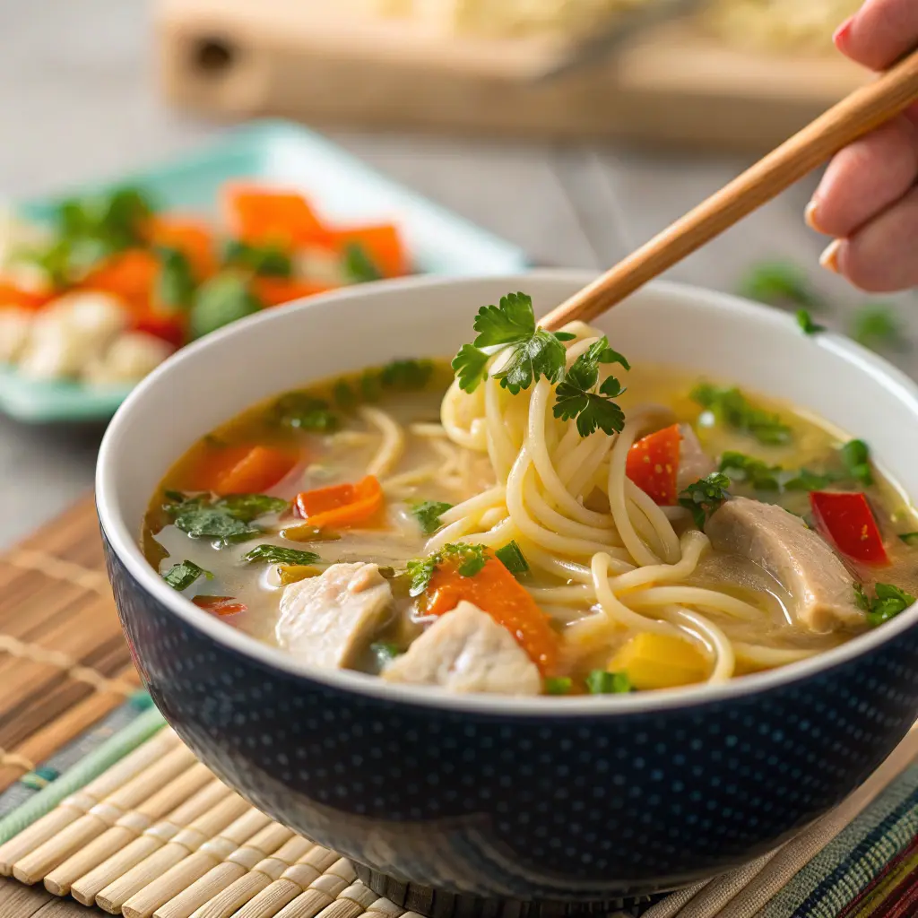 Ingredienti crudi per noodles di pollo disposti ordinatamente su un piano da cucina