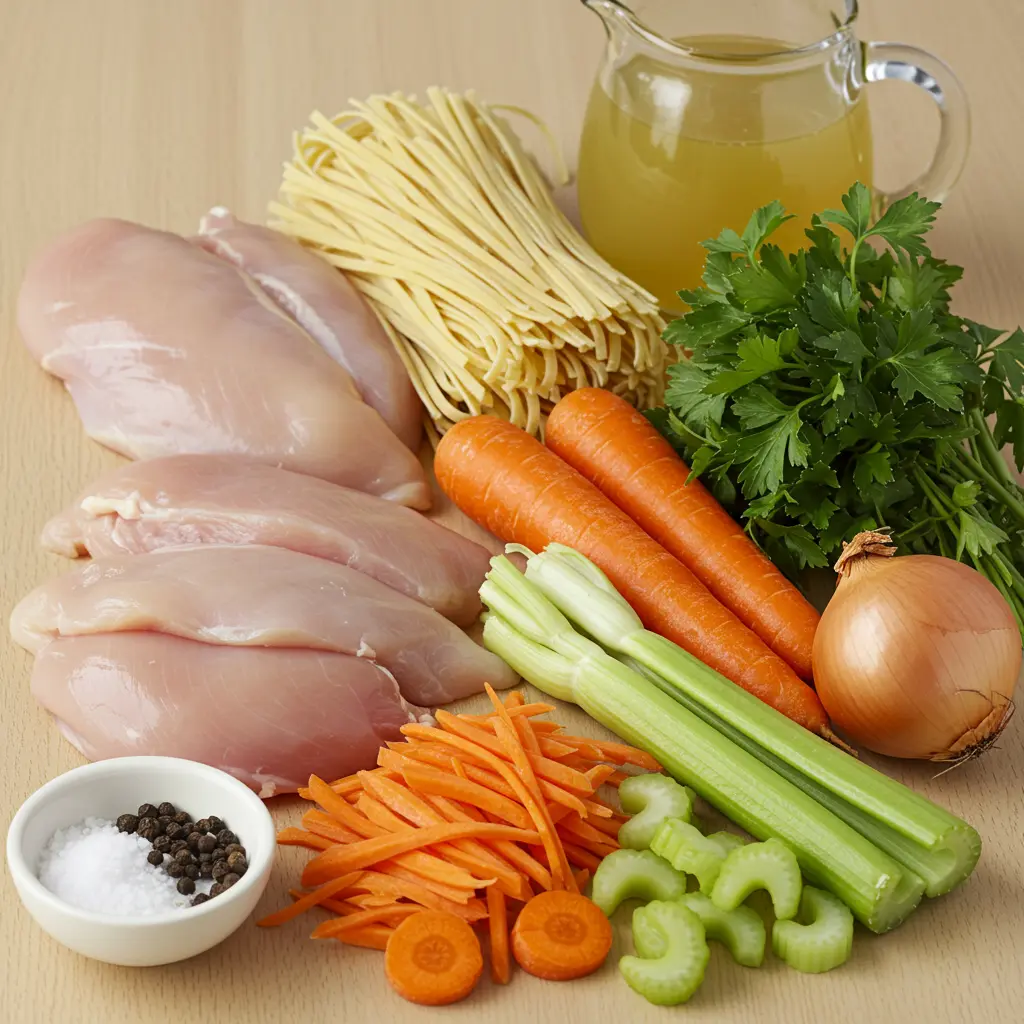 Ingredienti crudi per noodles di pollo disposti su un piano di legno: pollo a strisce, noodles, carote, sedano, cipolla, prezzemolo, sale, pepe e brodo.