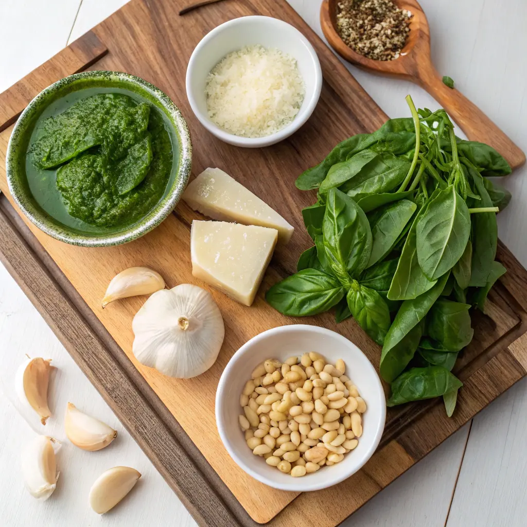 Foto in orizzontale di sfoglie di pasta per lasagna, ciotola di pesto verde, salsa besciamella, fette di mozzarella, spicchio di Parmigiano, foglie di basilico e pinoli su una superficie di legno.