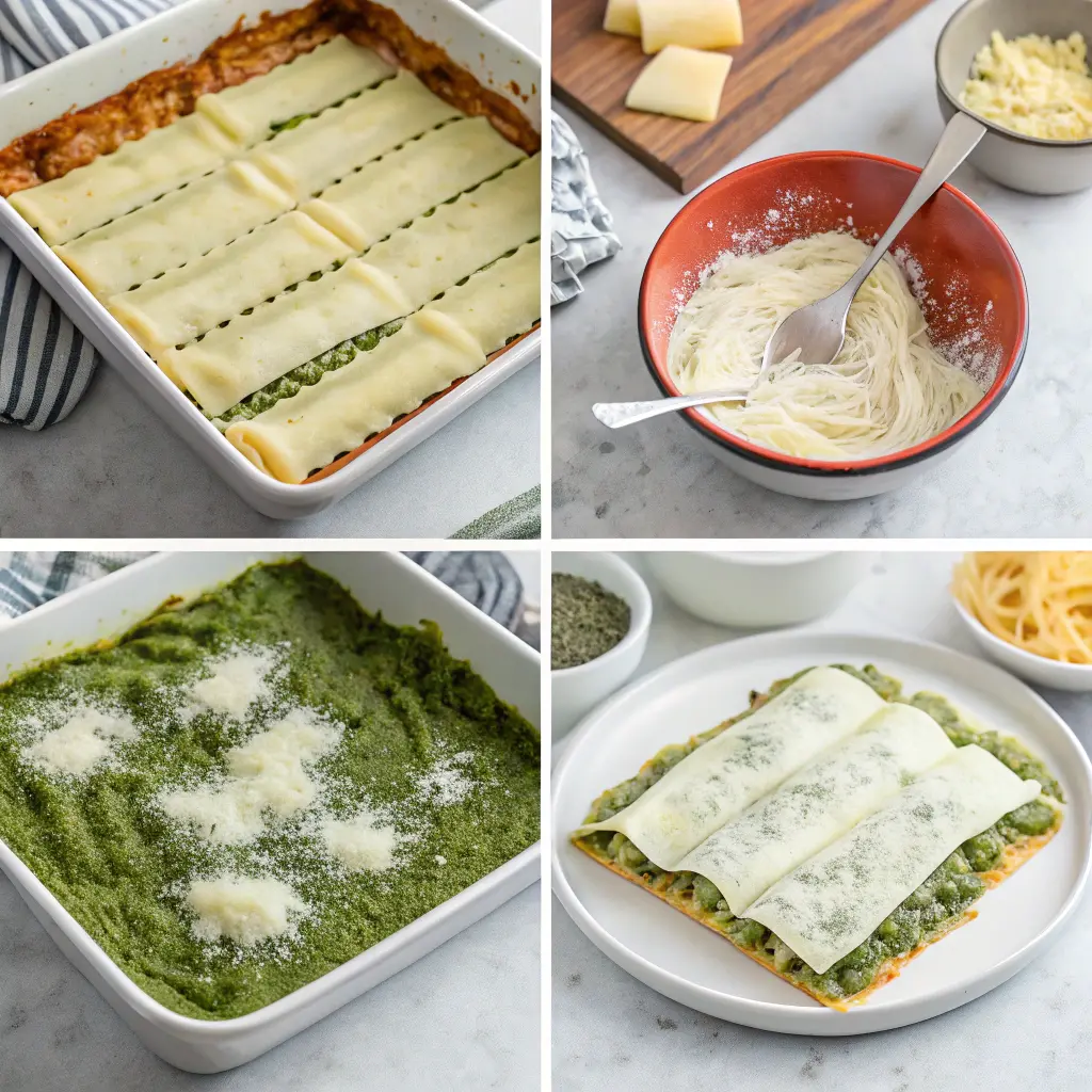 Lasagne al pesto appena preparate, servite con strati di pasta fresca, pesto verde e formaggio.