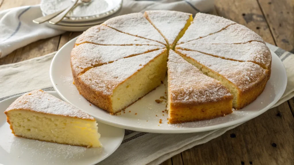 una torta soffice senza latte e burro, tagliata a fette, con superficie dorata e leggermente spolverata di zucchero a velo, su un piatto bianco su un tavolo rustico. Description: Immagine ad alta risoluzione, vista dall’alto, che mostra una torta soffice e leggera senza latte e burro, tagliata a fette regolari. La superficie è dorata e decorata con zucchero a velo. Lo sfondo è semplice e rustico, con luce naturale che esalta la texture spugnosa e invitante del dolce.
