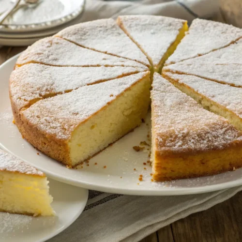 una torta soffice senza latte e burro, tagliata a fette, con superficie dorata e leggermente spolverata di zucchero a velo, su un piatto bianco su un tavolo rustico. Description: Immagine ad alta risoluzione, vista dall’alto, che mostra una torta soffice e leggera senza latte e burro, tagliata a fette regolari. La superficie è dorata e decorata con zucchero a velo. Lo sfondo è semplice e rustico, con luce naturale che esalta la texture spugnosa e invitante del dolce.