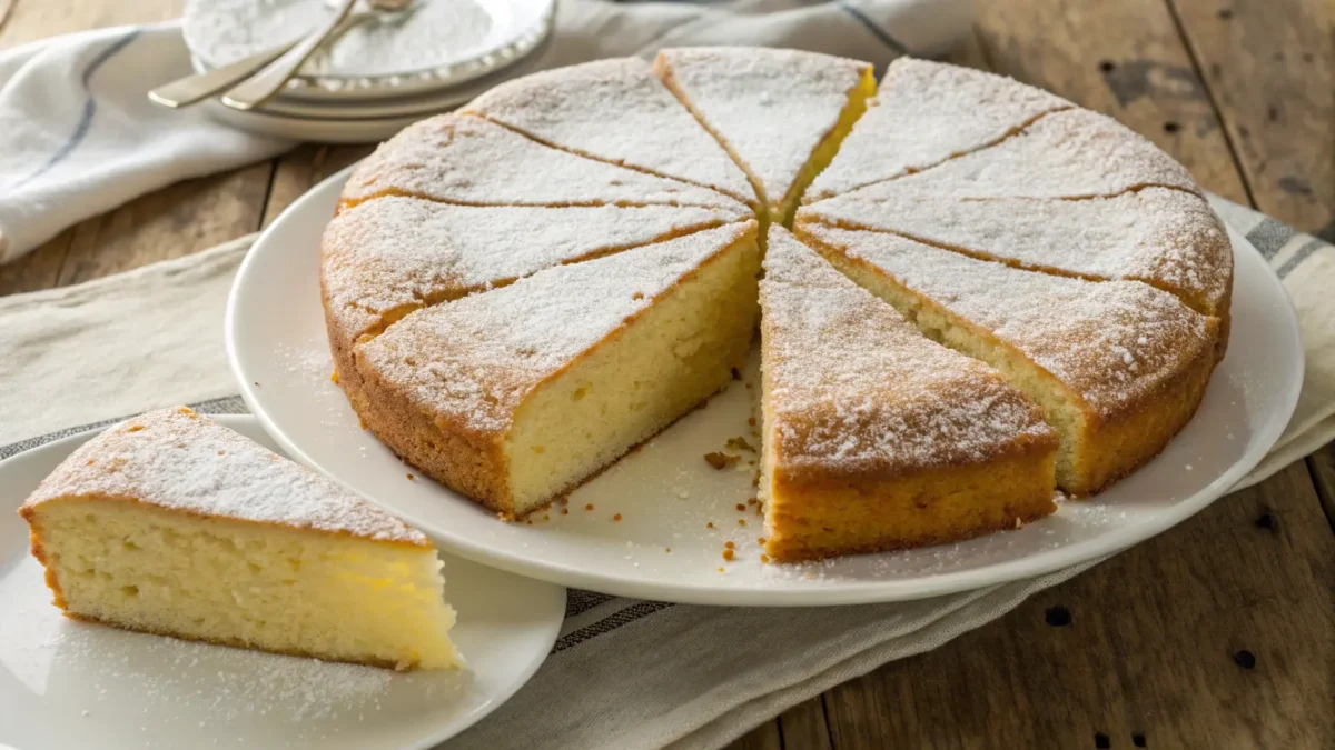 una torta soffice senza latte e burro, tagliata a fette, con superficie dorata e leggermente spolverata di zucchero a velo, su un piatto bianco su un tavolo rustico. Description: Immagine ad alta risoluzione, vista dall’alto, che mostra una torta soffice e leggera senza latte e burro, tagliata a fette regolari. La superficie è dorata e decorata con zucchero a velo. Lo sfondo è semplice e rustico, con luce naturale che esalta la texture spugnosa e invitante del dolce.